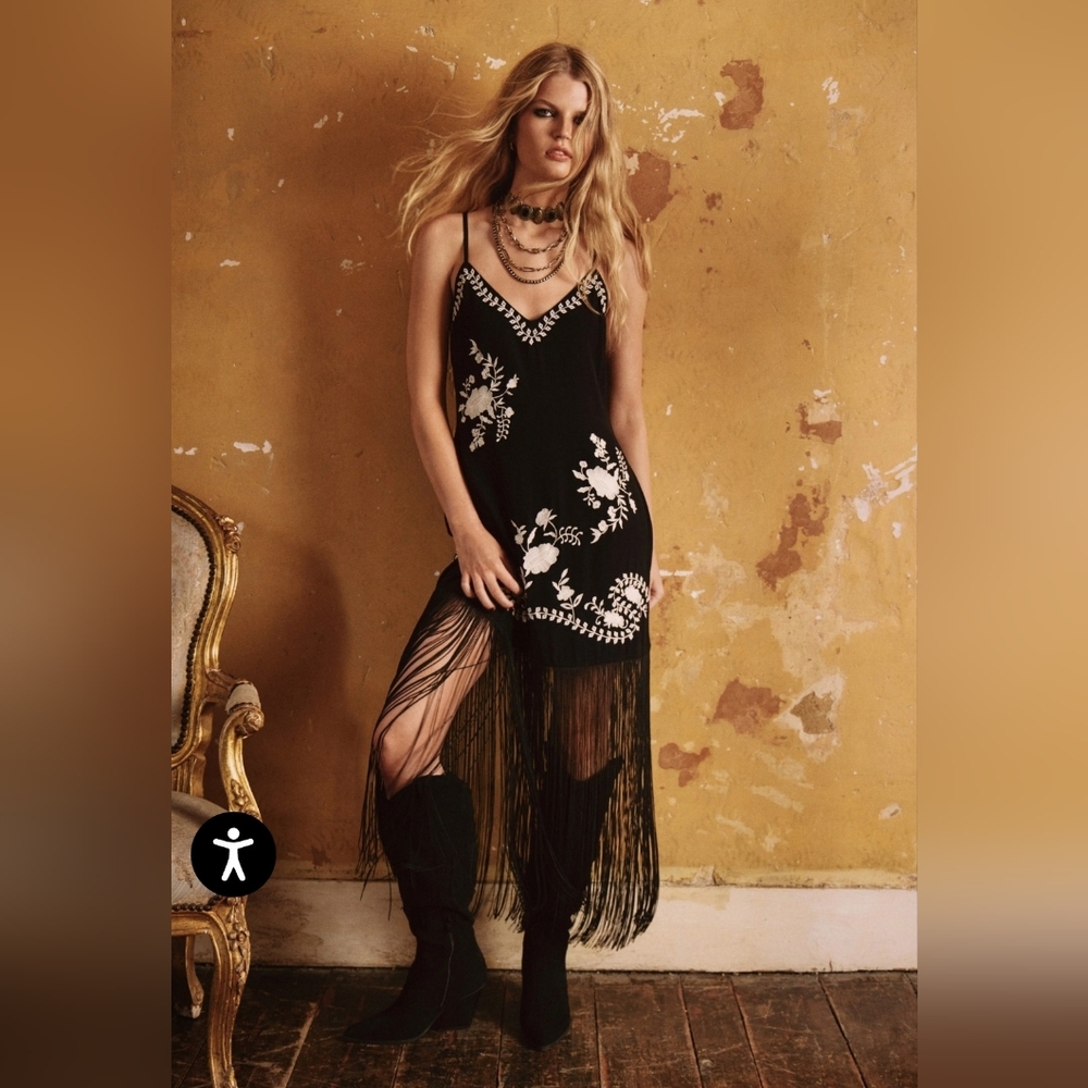 NastyGal Hand Embroidered Scallop Tassel Hem Mini Dress